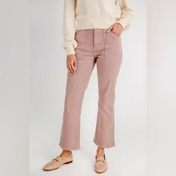 Risen High Rise Wide Leg Jeans Cropped Ankle Square Pockets Stretch Mauve Pink - Picture 3 of 9
